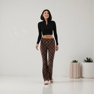 No Boundaries Brown Plaid Flare Pants